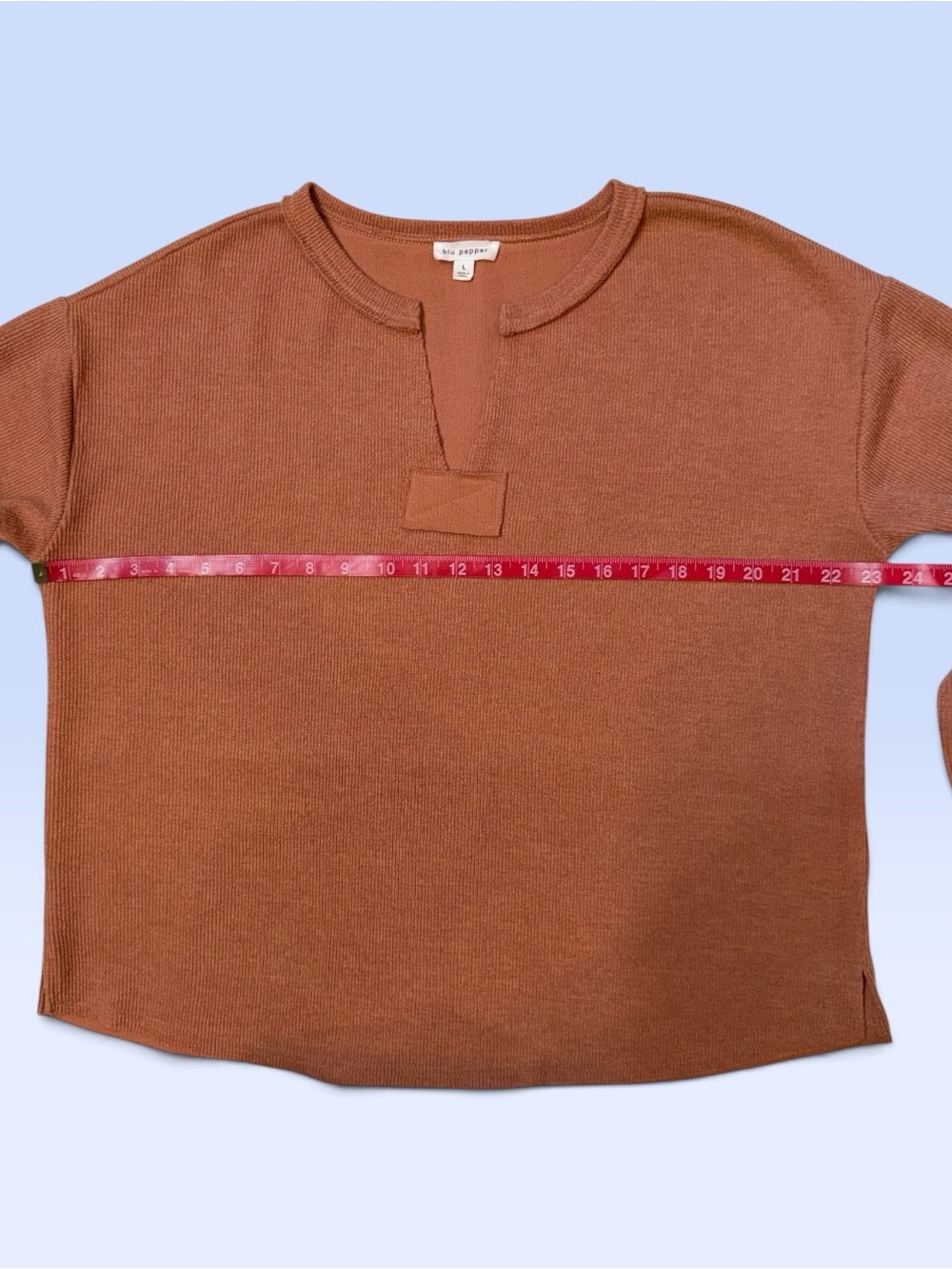 Blu Pepper Terracotta Ribbed Knit Notched V-Neck Top Pullover Sweater Size L - Picture 8 of 13